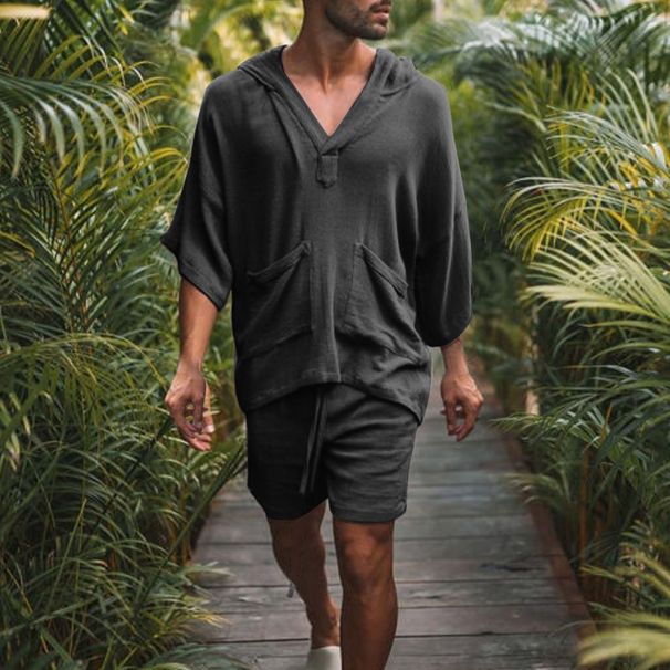 KOOSSOASIS Summer European And American Popular Men's Cotton And Linen Loose Casual Suit Vacation Clothing Cotton And Linen T-shirt Shorts Suit_viptrois.com
