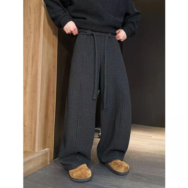 Autumn Winter New Style Ribbon Drawstring Vertical Striped Fleece-Lined Casual Men's Fashion Trendy Brand Versatile_viptrois.com
