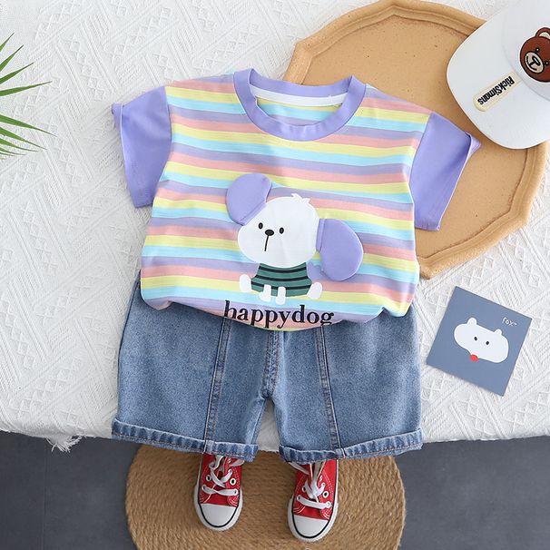 Male Baby 2025 New Cute Casual Stripe Thin Summer For Infants And Children Cool Handsome Dog Short Sleeve Set_viptrois.com