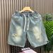 Men's Ripped Denim Shorts for Teenagers Loose Fit American Retro Style Thin Summer Trendy Cool Five Point Pants_viptrois.com