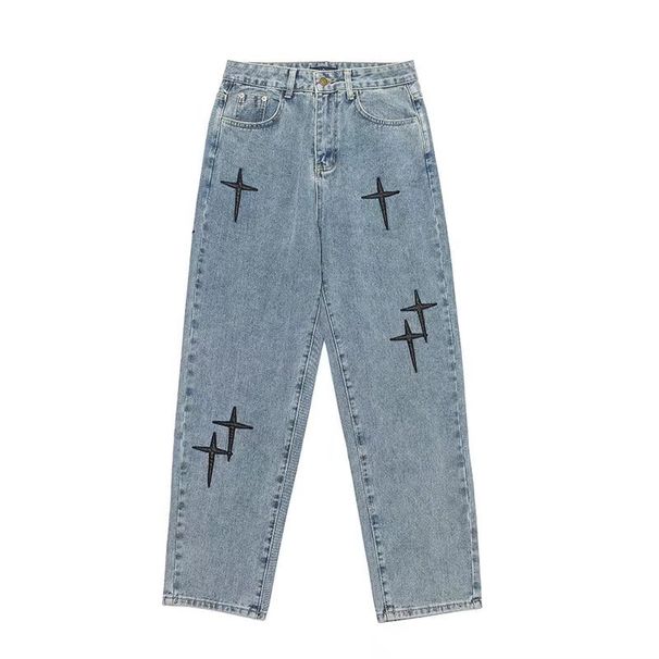 Men's Clothing Jeans High Street Cross Patch Embroidery Loose Straight Wide Leg Cow Long Pants_viptrois.com