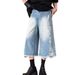 Glacier Blue Ripped Denim Shorts With Rough Edges, Men's American Washed Silhouette Design, Straight Leg Casual Cropped_viptrois.com