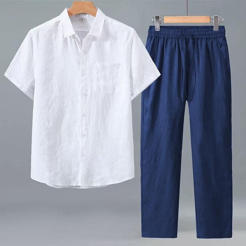 Men's Cotton Linen Two Piece Set Thin Casual Simple Retro Chinese Style Shirt And Trousers_viptrois.com