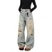 Unisex Distressed Embroidered Washed Jeans – Loose Straight Leg Denim Pants For Men & Women, Vintage Streetwear Style_viptrois.com