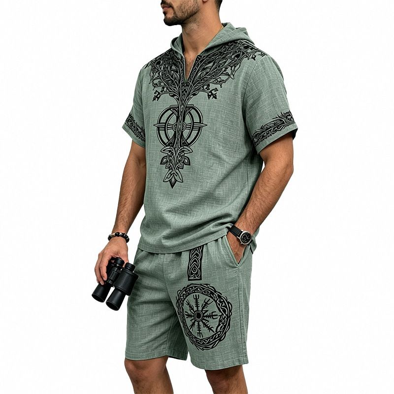 Men's Bamboo Linen Summer Suit Viking Style Printed Hooded Casual Top Shorts Summer Wear_viptrois.com
