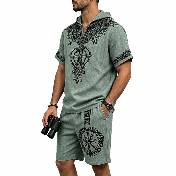 Men's Bamboo Linen Summer Suit Viking Style Printed Hooded Casual Top Shorts Summer Wear_viptrois.com