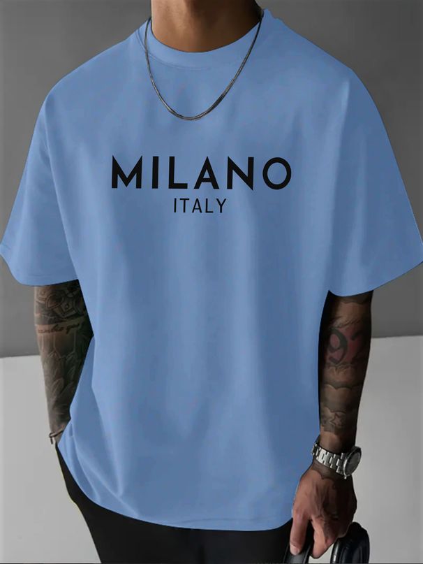 Camiseta De Manga Corta Con Cuello Redondo Y Estampado De Letras De Milán Estilo Italiano Holgado Informal A La Moda 100% De Algodón Puro Para Hombre_viptrois.com