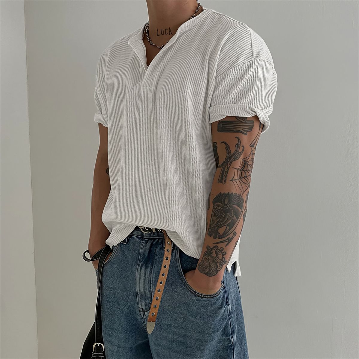 Men's Clothing Waffle Short Sleeved T Shirt Simple Bottoming Top Light Breathable Side Slit T Shirt_viptrois.com