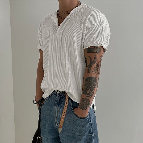 Men's Clothing Waffle Short Sleeved T Shirt Simple Bottoming Top Light Breathable Side Slit T Shirt_viptrois.com