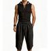 Men's Casual Loose Cropped Sports Two Piece Set Style Waffle Sleeveless Hooded Vest With Pants_viptrois.com