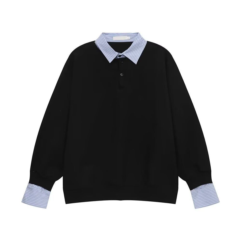 Contrast Color Splicing Shirt Collar Sweater Men's And Women's Autumn Long-sleeved Lapel Loose Couple Design Top_viptrois.com
