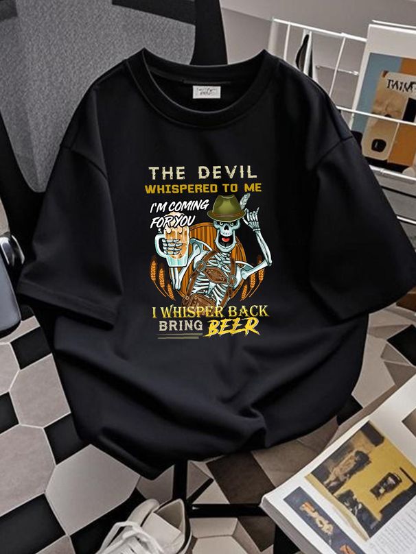 Skeleton The Devil Whispered To Me Bring Beer T Shirt Size S 5XL Streetwear Slightly Designer Clothes Summer Graphic Top For Everyday Wear_viptrois.com