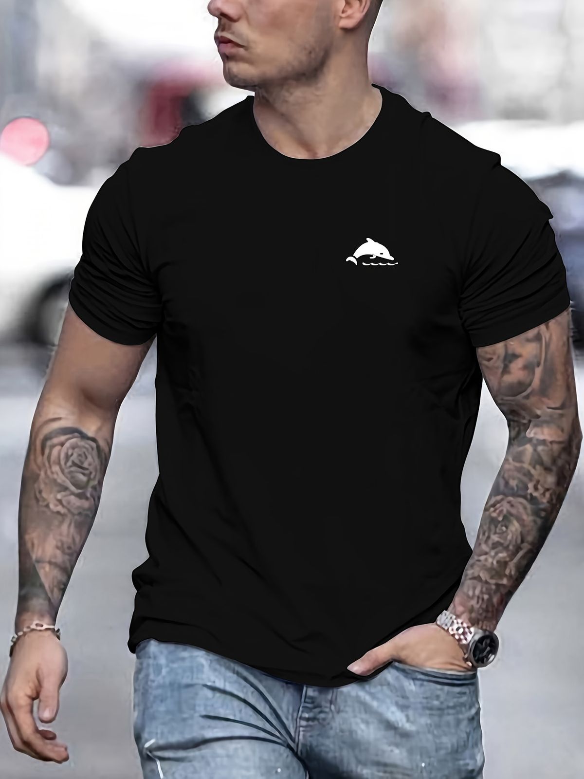 Maglietta Uomo Estiva 180G Cotone Girocollo Stampa Sagoma Animale, Tessuto Morbido Taglio Regolare Per Uso Casual Quotidiano_viptrois.com