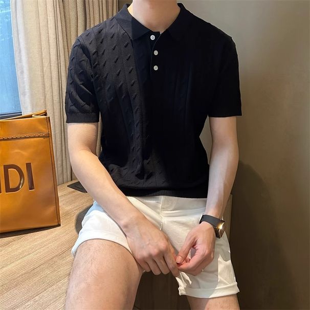 Men's Clothing Summer New Short Sleeved Sweater Men's Textured Polo Shirt Lapel Slim Fit Business T Shirt_viptrois.com