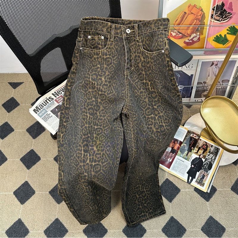 Men's Clothing Men's Retro High Street Leopard Print Wide Leg Jeans Loose Straight Casual Trousers Trendy Brand Street Design_viptrois.com