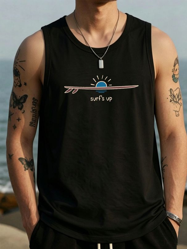 Canotta Uomo Girocollo 100% Cotone Stampa Scritta Surf Morbida Traspirante Senza Maniche Spiaggia Estivo Casual Multicolore_viptrois.com