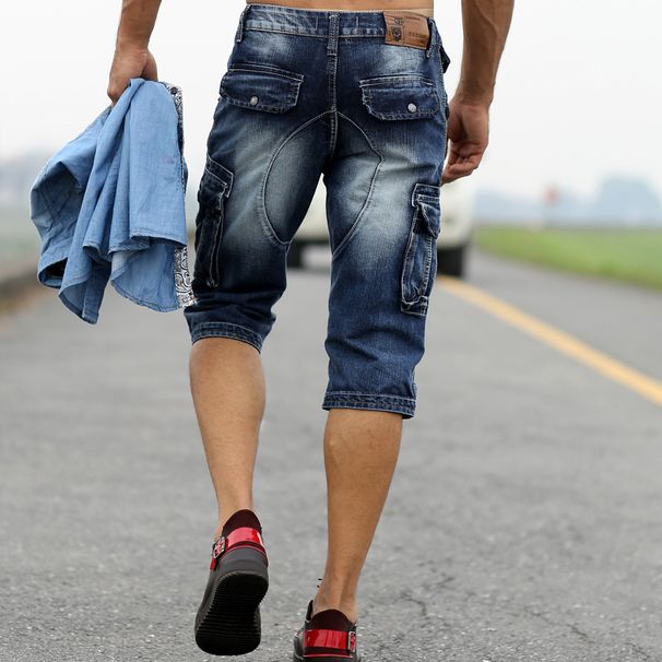 Men's Clothing Men's Overalls Mid Length Pants With Multiple Pockets Casual Denim Cropped Shorts_viptrois.com
