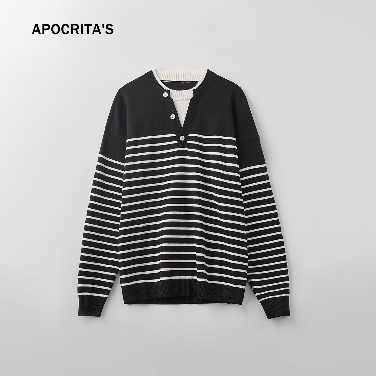 Nordmann APO Men's Clothing|Men's Sweater Autumn Loose Two-Piece Color Block Striped Knit Long Sleeve Inner Top_viptrois.com