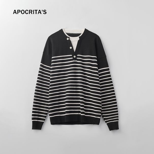 Nordmann APO Men's Clothing|Men's Sweater Autumn Loose Two-Piece Color Block Striped Knit Long Sleeve Inner Top_viptrois.com