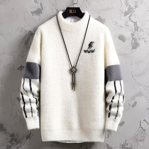 Autumn And Winter Sweater Men's Semi-turtleneck Mink Fleece Thickened Primer Knitted Sweater Trendy Threads Warm Winter Top_viptrois.com