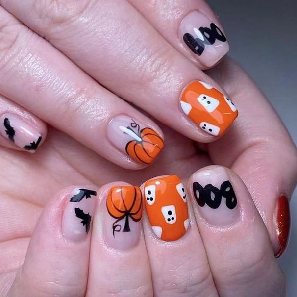 Short Glow Face Halloween Orange Pumpkin Ghost Black Bat 20.24 million Halloween Nail Art New Wear Armor 24 Pieces_viptrois.com