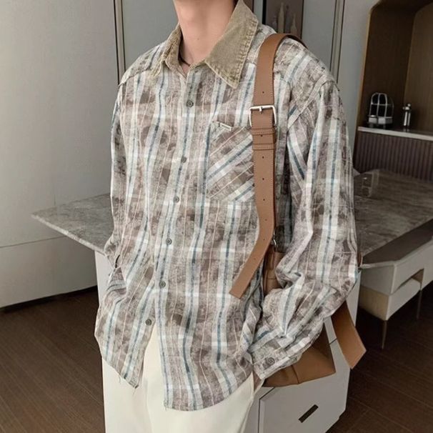 New Patchwork Lapel Contrasting Color Men's And Women's Long Sleeved Shirt Retro Versatile Shirt Jacket_viptrois.com