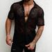 Men's Clothing Street Popular Men's Lace Shirt Short Sleeve Transparent Button Summer Leisure Holiday Hollow Perspective_viptrois.com