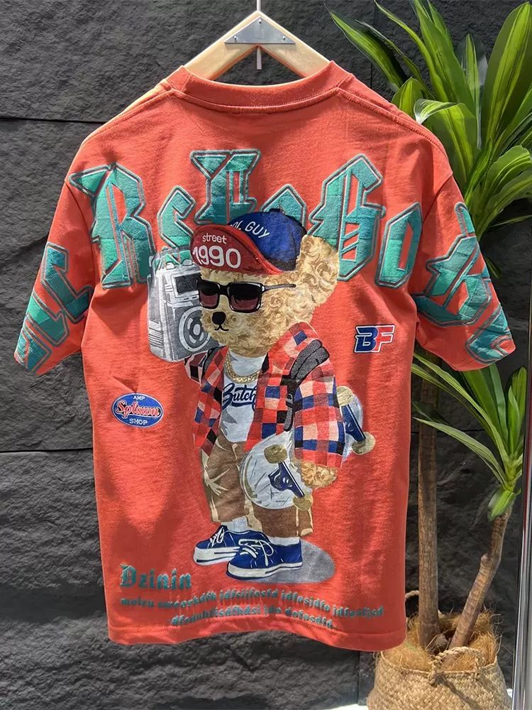 Men's Clothing Summer Light Luxury High End Trendy Cartoon Backpack Bear Group Short Sleeved Round Neck Fashionable Handsome T Shirt_viptrois.com