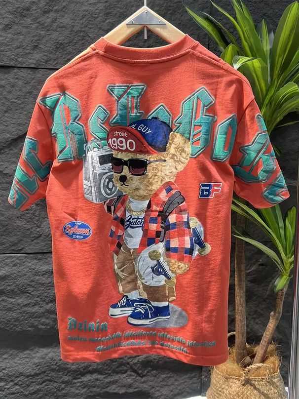 Men's Clothing Summer Light Luxury High End Trendy Cartoon Backpack Bear Group Short Sleeved Round Neck Fashionable Handsome T Shirt_viptrois.com
