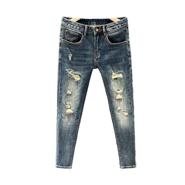 Men's Korean Style Skinny Spring Autumn Trend Elastic Slim Fit Cropped Pants Youth Fashion Ripped Jeans_viptrois.com
