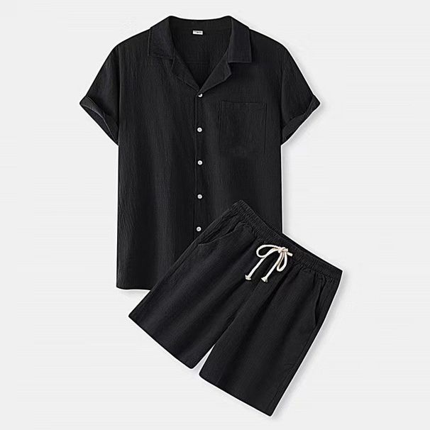 Men's Clothing Spring And Summer Cotton And Linen Solid Color Fashion Lapel Short Sleeved Shirt Shorts Suit Two Piece Set In Stock_viptrois.com