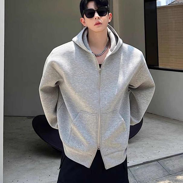 Cardigan hoodie men's double zipper autumn and winter hooded sweatshirt zipper jacket trendy hoodie jacket_viptrois.com