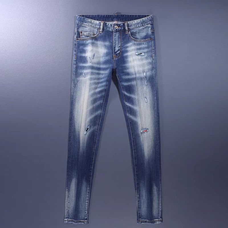 Men's Distressed Blue Skinny Jeans | Streetwear Style With Patch Decor | Washed Denim Pants Comfortable Movement_viptrois.com