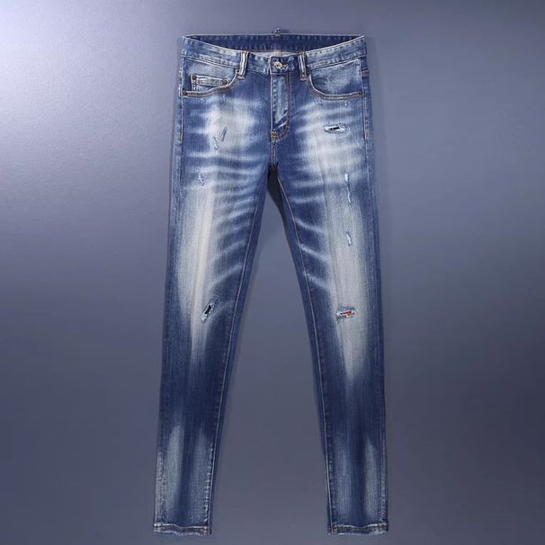 Men's Distressed Blue Skinny Jeans | Streetwear Style With Patch Decor | Washed Denim Pants Comfortable Movement_viptrois.com