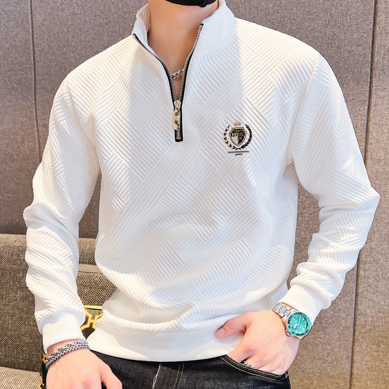 European Style Sweatshirt Trendy Ins Fashion Printed 2023 Autumn New Loose Handsome Half-Zip Pullover Men's Clothing_viptrois.com