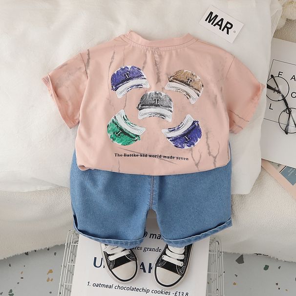 Boys' Summer Clothing Baby 2025 New Style Children's Short Sleeved Letter Printed Western-style Denim Shorts Two-piece_viptrois.com