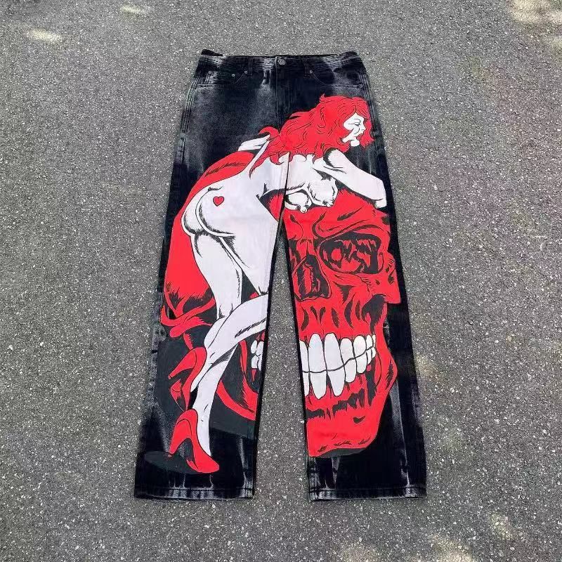 Men's Clothing autumn new men's clothing Gothic dark style street graffiti print jeans straight loose wide-leg pants_viptrois.com