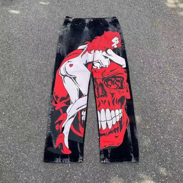 Men's Clothing autumn new men's clothing Gothic dark style street graffiti print jeans straight loose wide-leg pants_viptrois.com