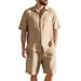 Men's Clothing Men's Summer Linen Suit Striped Jacquard Loose Short Sleeve Shirt And Beach Shorts Two-Piece Set_viptrois.com