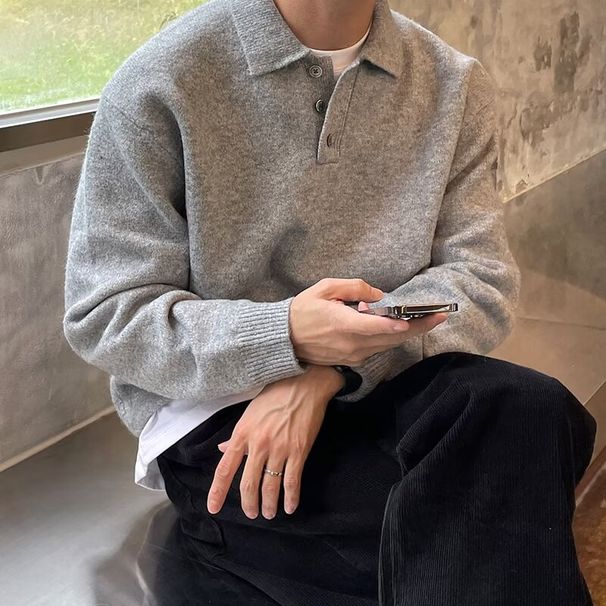 Teenage Collar Sweater Men's Autumn/Winter Warm Solid Color Long Sleeve Knitted Sweater Thread Clothes_viptrois.com