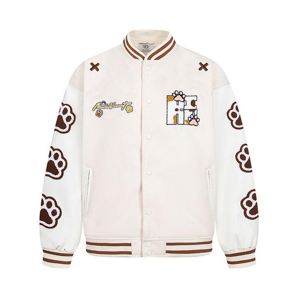 High Street American Cute Style Dog Paw Flocked Towel Embroidery Baseball Men's Trendy Loose Casual Jacket Coat_viptrois.com