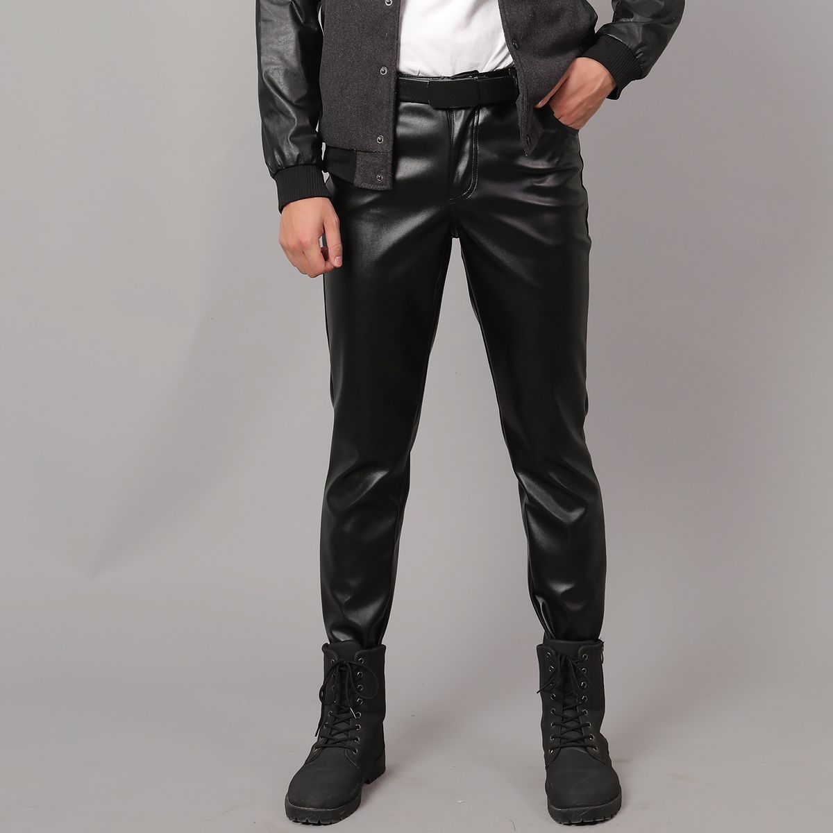 Men's Clothing Middle Men's Leather Pants Elastic Slim Fashion Moisture Proof White Dance Performance Bar Net Red Hair Salon Leather Pants_viptrois.com