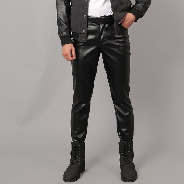 Men's Clothing Middle Men's Leather Pants Elastic Slim Fashion Moisture Proof White Dance Performance Bar Net Red Hair Salon Leather Pants_viptrois.com