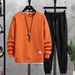 Men's Waffle Knit Long Sleeve T-Shirt Set Casual Two-Piece Pullover Hoodie Loose Fit Round Neck Teen Boys Spring Autumn Fashion_viptrois.com