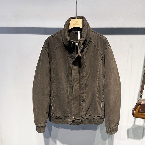 Winter New Trend American Style Washed Vintage Distressed Stand Collar Warm Down Jacket Men's Coat_viptrois.com