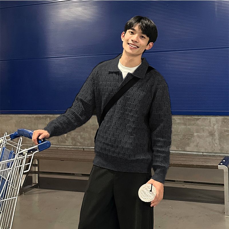 Men's Polo Neck Knit Sweater - Winter Casual Textured Pullover With Breathable Comfort_viptrois.com