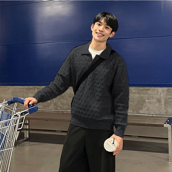 Men's Polo Neck Knit Sweater - Winter Casual Textured Pullover With Breathable Comfort_viptrois.com