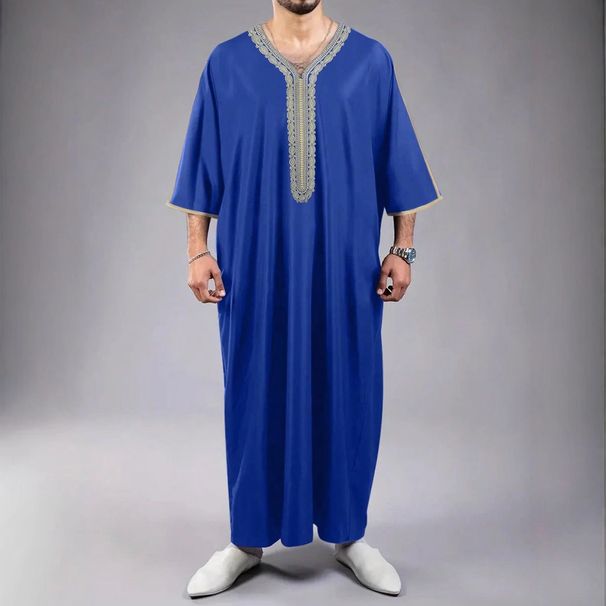 Men's Clothing Robe Short Sleeve Embroidery Navy Blue Muslim Robe_viptrois.com