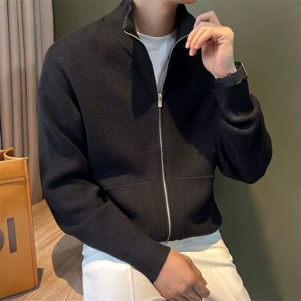 Men's Slim Fit Zip-Up Knit Cardigan - Solid Color Stand Collar Sweater Jacket For Autumn & Winter, Casual Outerwear_viptrois.com