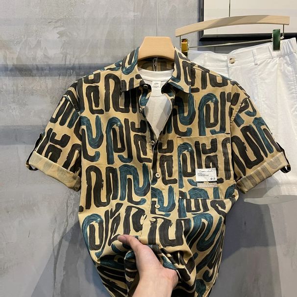 Fashion Lapel Full Print Pattern Short Sleeved Shirt Men Spring And Summer Trend High End Men's Shirt_viptrois.com